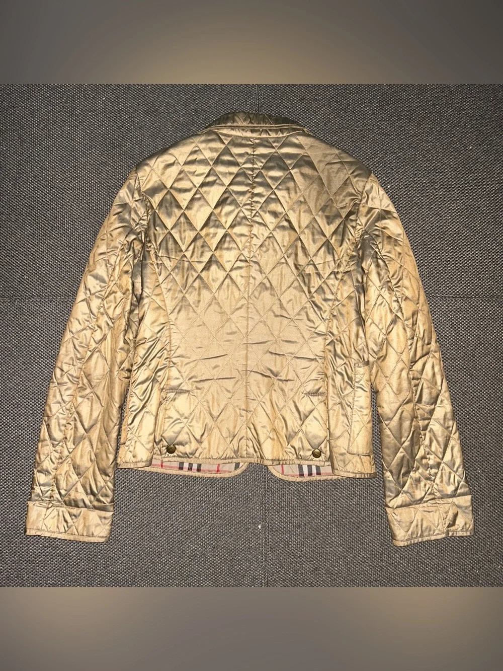 Burberry Quilted Metallic Gold Full Zip Jacket with Plaid Lining